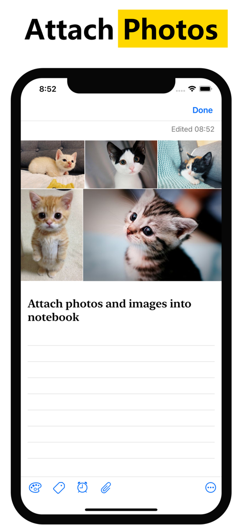 Una pantalla de smartphone que muestra una nota en la aplicación WeNote con varias fotos de gatitos adjuntas en la parte superior.