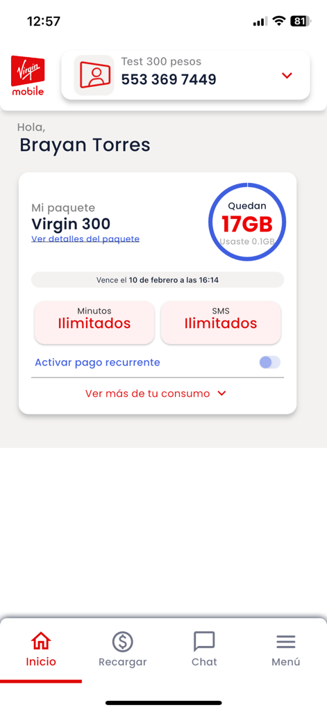 Virgin Mobile Mexico - Panel de la aplicación Virgin Mobile Mexico que muestra el saldo de datos y los minutos ilimitados.
