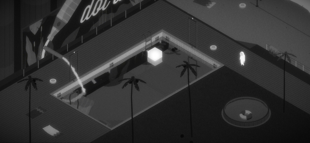 Starman character next to a glowing light cube in a minimalist swimming pool area