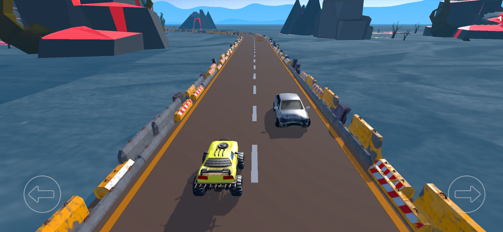 Gameplay screenshot showing a yellow custom car driving on a bridge track over water.