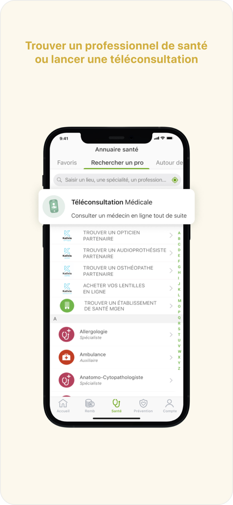 Mutuelle MGEN Espace personnel - Interface de l'application mobile MGEN affichant l'annuaire santé et les options de téléconsultation médicale.