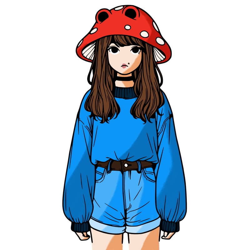 a realistic girl with a frog hat and baggy mushroom shirt