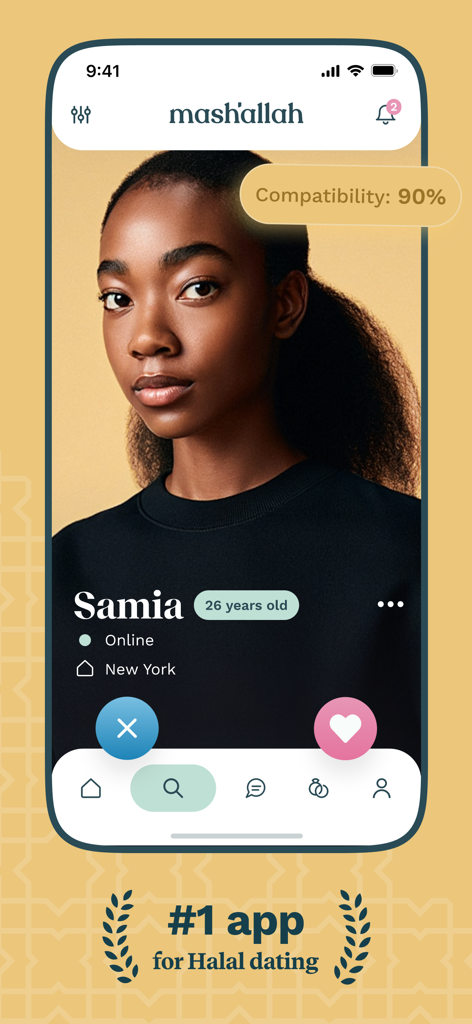 Profil utilisateur sur l'application de rencontres musulmanes Mashallah montrant un score de compatibilité de quatre-vingt-dix pour cent