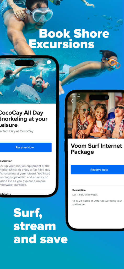 Royal Caribbean app screen showing shore excursion and internet package reservation options