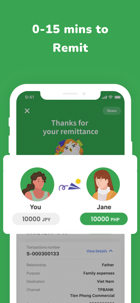Smiles Mobile Remittance - Smiles Mobile Remittance app screen showing a fast money transfer confirmation with transaction details