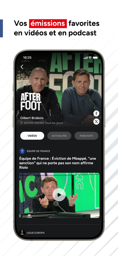 RMC Sport News app interface showing sports videos and podcasts featuring After Foot