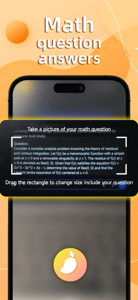 Mango.AI - Mango.AIアプリのインターフェース。スマートフォンのカメラが複雑な数学の問題をスキャンして、解答を表示している様子。