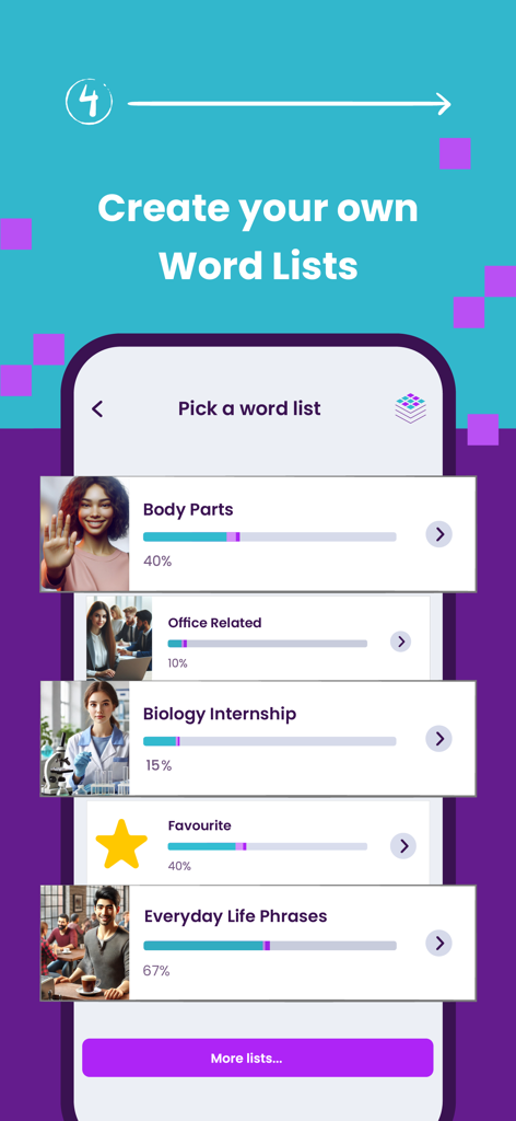 A screen from the WordUp app showing different custom vocabulary lists like Body Parts and Office Related with individual progress bars.