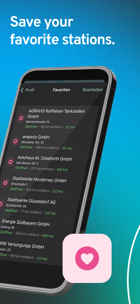 ladeapp – EV charging stations - iPhone screen displaying a list of favorite electric vehicle charging stations with live availability status