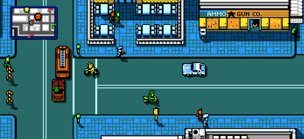 Retro City Rampage DX - 8-bit top-down gameplay of Retro City Rampage DX showing cars on a city street near a gun shop