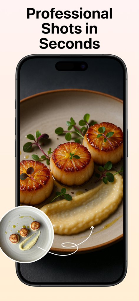 Before and after comparison of a food photo showing AI enhanced lighting and texture on a dish of scallops