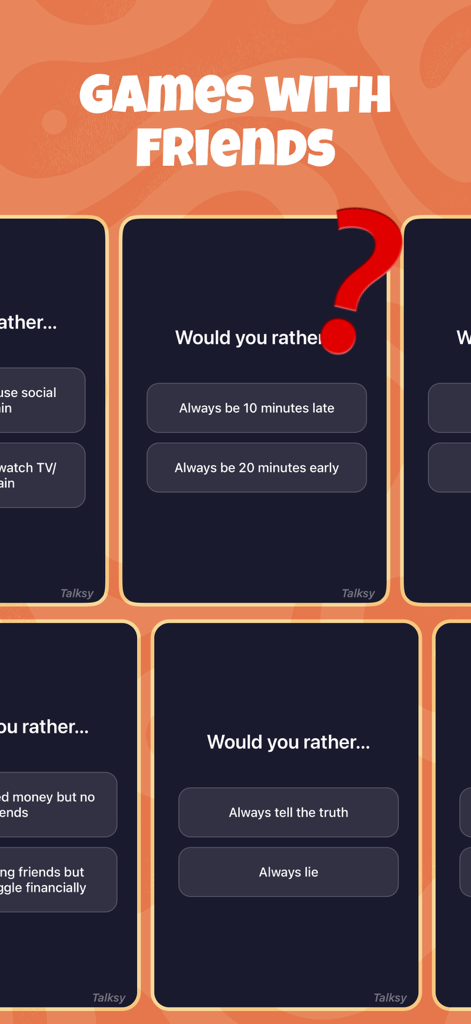 Questions for Friends: Talksy - Interfaz de la aplicación Talksy mostrando tarjetas de preguntas de ¿Qué Prefieres? para amigos