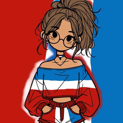 girl with a messy ponytail glasses a baggy crop top and jean shorts