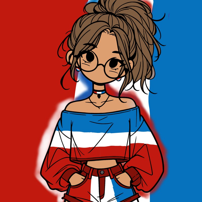 girl with a messy ponytail glasses a baggy crop top and jean shorts