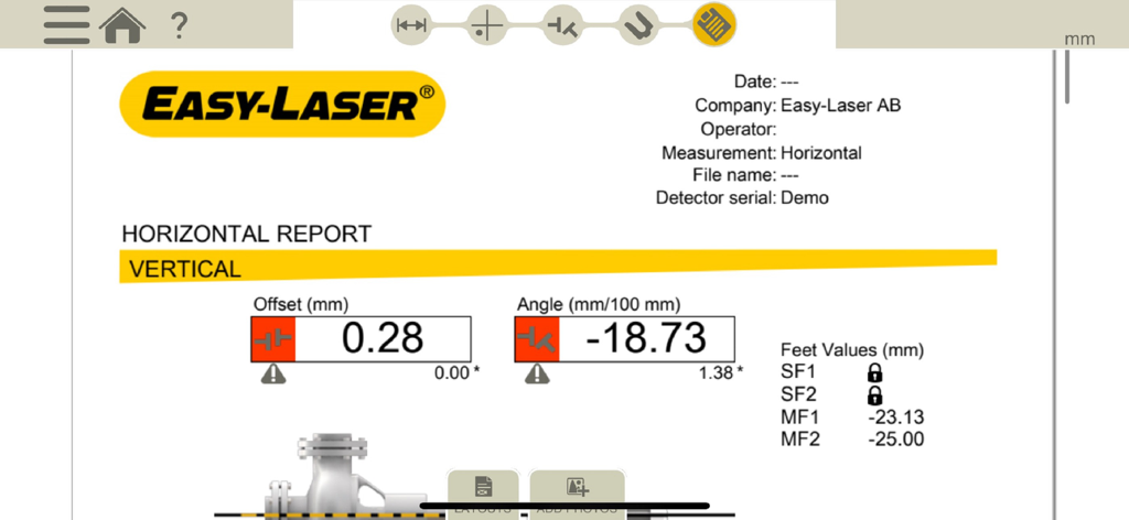Easy-Laser XT Alignment app screen displaying a horizontal measurement report with offset and angle data.