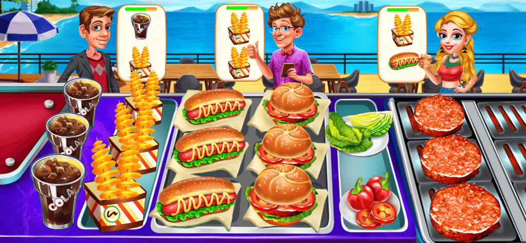 Cooking Island Restaurant Game - A beachside restaurant counter showing customers ordering burgers and hot dogs in the Cooking Island game