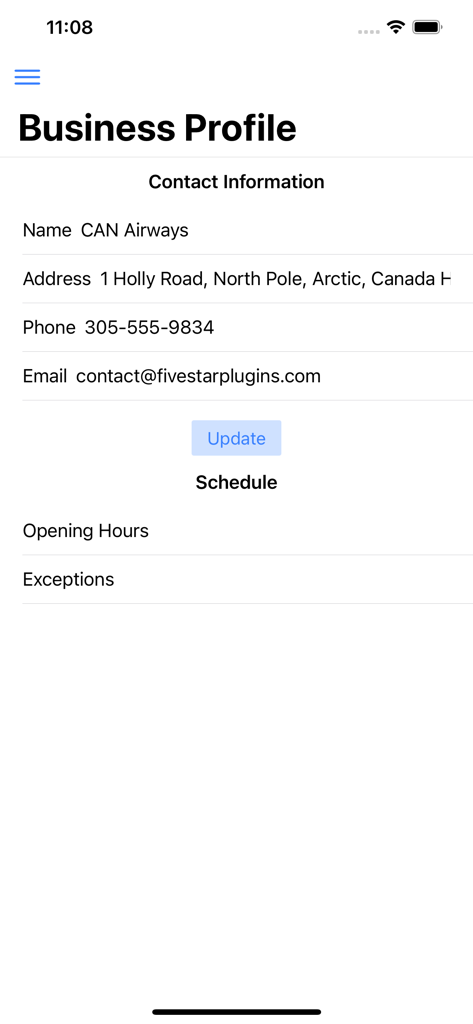 Five Star Restaurant Manager - Business profile and contact information settings in the Five Star Restaurant Manager app
