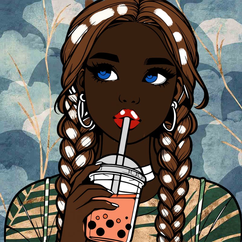 realistic girl with braided hair drinking boba