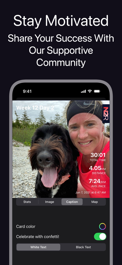 None to Run: Beginner, 5K, 10K - None to Run app interface for sharing a workout summary and photo with the community