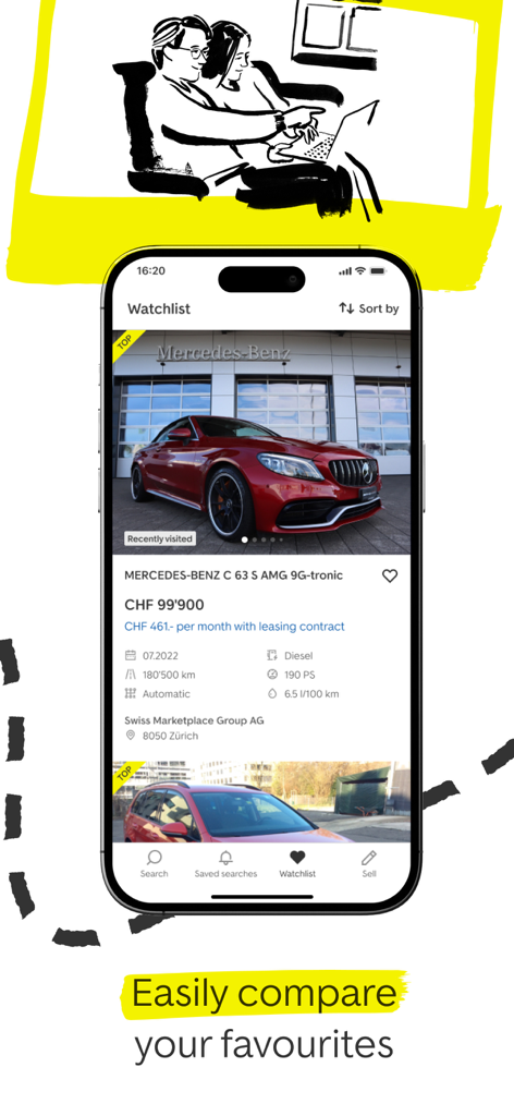 Une annonce de voiture Mercedes-Benz rouge sur l'écran de la liste de surveillance d'AutoScout24 Suisse