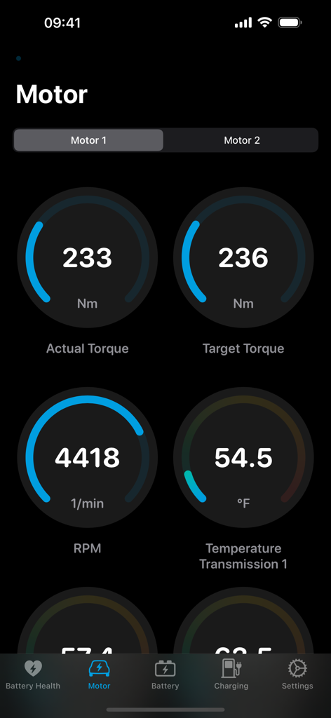 Dashboard screen of EVScanner app displaying real-time torque, RPM, and transmission temperature metrics.