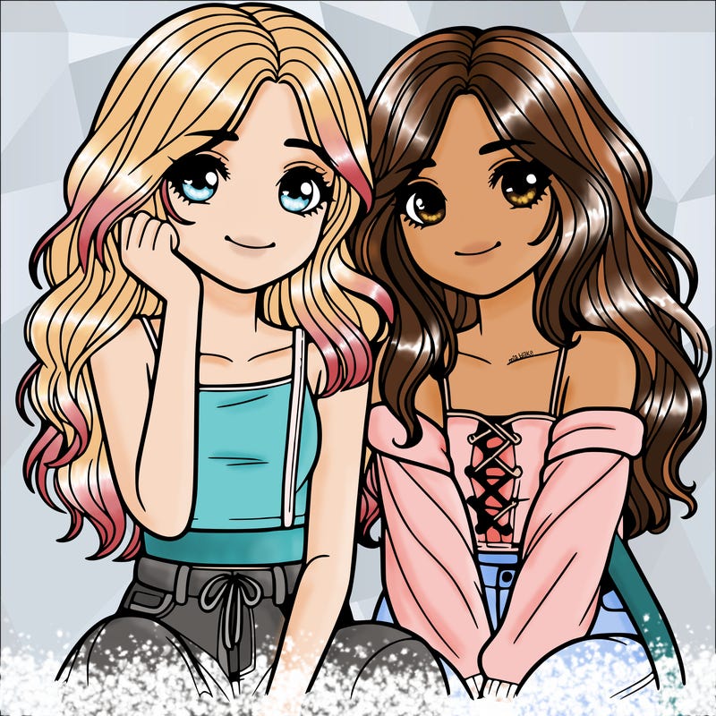 2 teen girl bffs with long hair hanging out