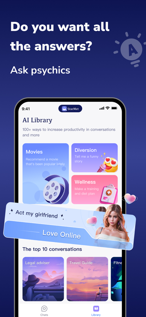 StarMet app screen showing AI library categories and a girlfriend roleplay banner under the heading ask psychics.
