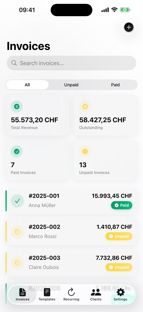 Invoice Flow - Mobile app dashboard for Invoice Flow showing summary of paid and unpaid invoices