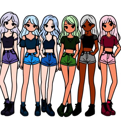 a group of girls wearing crop tops and shorts