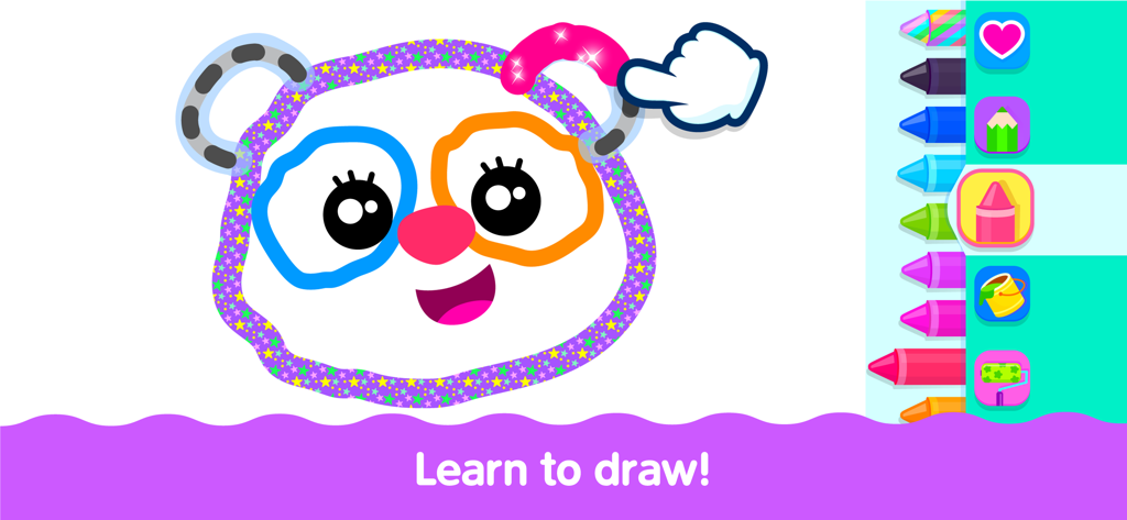Kids Drawing Games & Coloring - A child tracing a cute panda character in an educational drawing app with colorful digital art tools