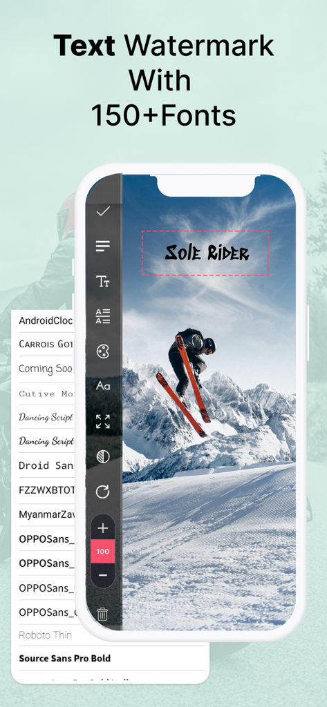 eZy Watermark Videos Pro - Interfaz de la aplicación móvil mostrando personalización de marca de agua de texto con una variedad de opciones de fuente para la marca de video.