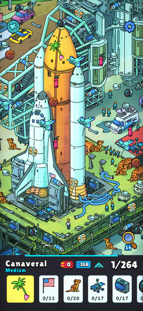 Hidden Objects - Adventure - A cartoon illustration of a space shuttle launch site in the Hidden Objects Adventure game