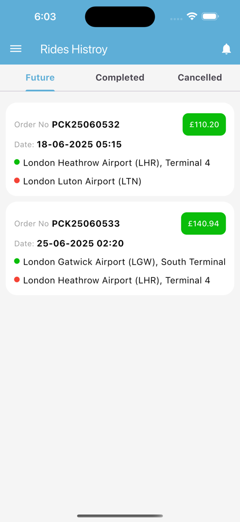 Premier Cars Airport Transfers - Premier Cars app interface showing a list of future airport transfer bookings with fixed prices
