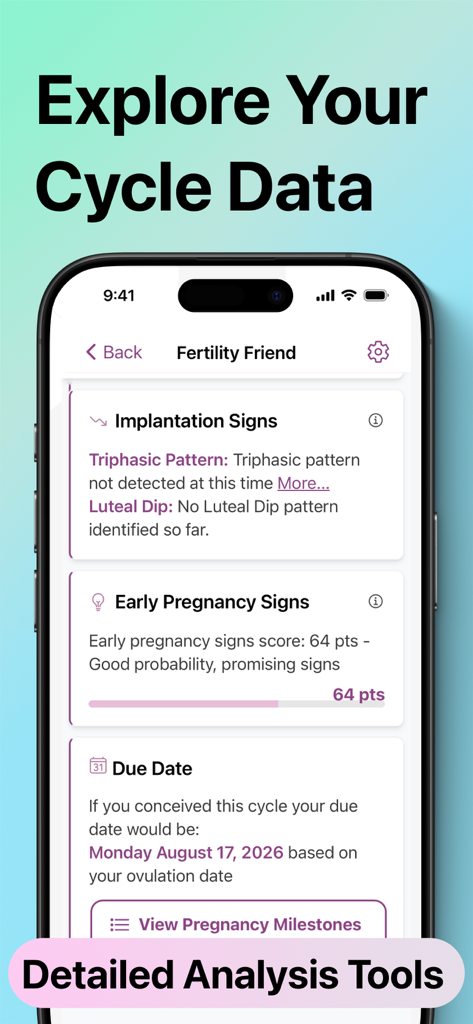 Interface of Fertility Friend app showing early pregnancy signs and due date estimation