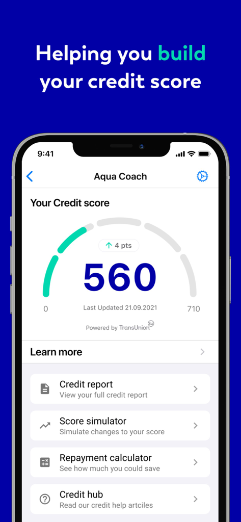 Aqua credit card app interface showing the Aqua Coach credit score tracking and builder features