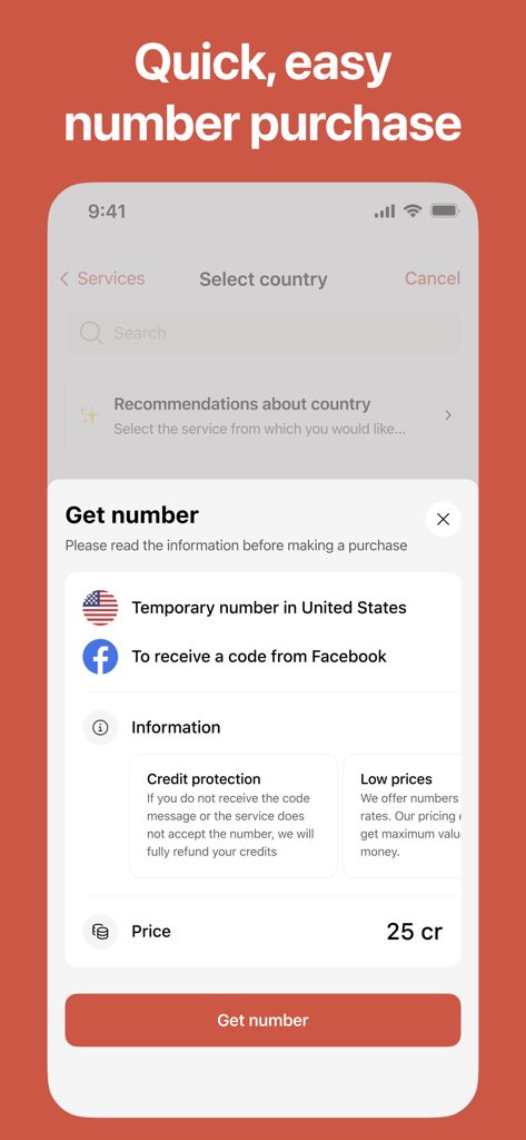 SMS Virtual: Temp Phone Number - Mobile screen showing the purchase of a temporary United States phone number for Facebook verification with credit protection details.
