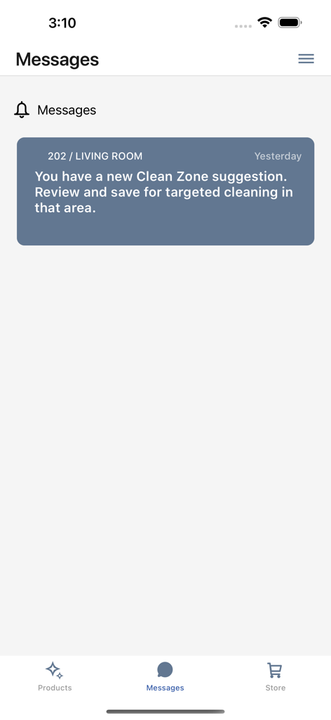 Ecrã de mensagens da aplicação iRobot Home que apresenta uma notificação para uma nova sugestão de zona de limpeza na sala de estar.