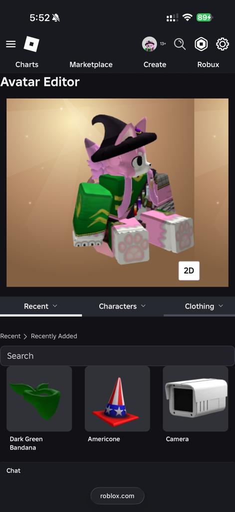RoQoL - Roblox avatar editor interface on mobile showing a pink feline character and outfit customization options