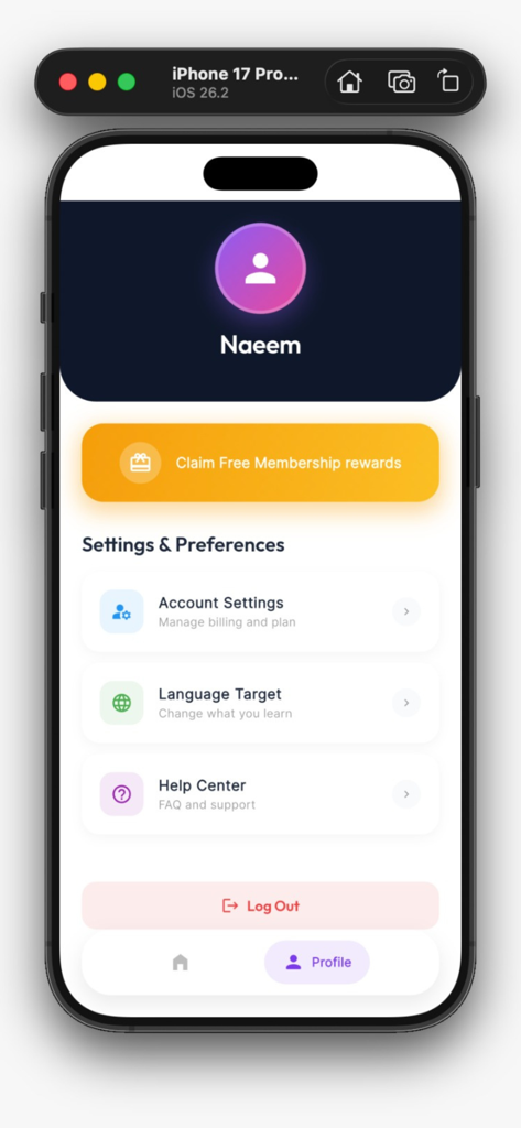 Talkio App - Talkio app user profile screen showing account settings and language target preferences