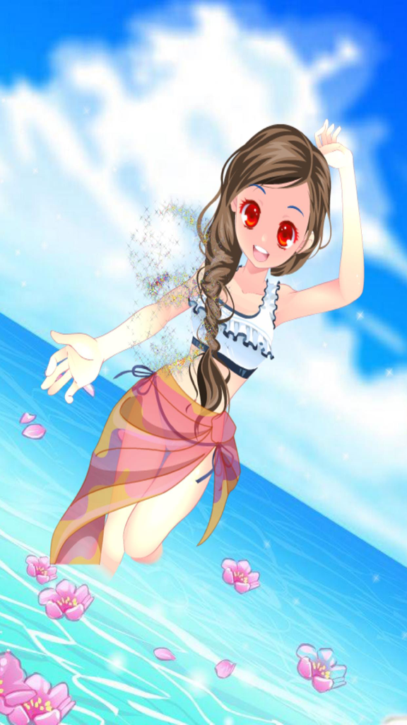 Pocket Girls Game - Un personaggio anime vestito con abbigliamento da spiaggia con un pareo e un bikini nel gioco Pocket Girls