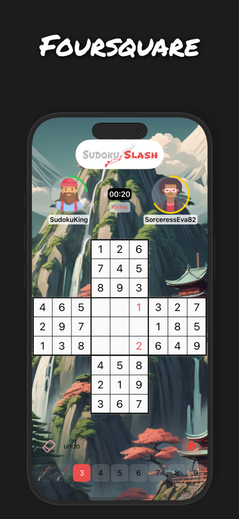 Sudoku Multiplayer Puzzles - Modalità Foursquare multiplayer di Sudoku Slash con una griglia di puzzle a forma di croce e avatar di giocatori competitivi su un paesaggio montano.