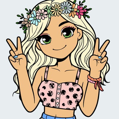 happy realistic girl wearing cropped top with flower crown and doing a peace sign with hands
