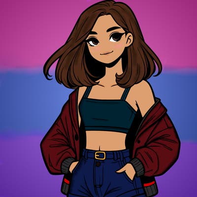 a realistic girl with a crop top and short shorts in an open jacket