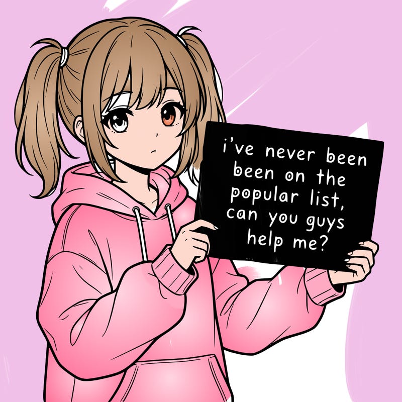 a cute anime girl with a sign saying  i’ve never been on the popular list, can you guys help me?