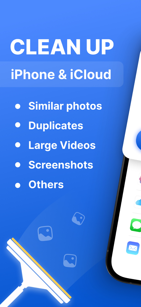 Promotional screen for Cleaner MAX app highlighting iPhone and iCloud cleanup features like removing duplicates and large videos.