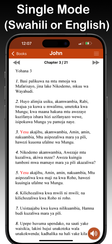 Swahili Bible: Biblia Takatifu - Swahili Bible app interface showing the Book of John in single mode on an iPhone