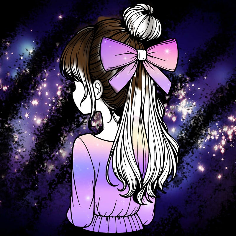 realistic girl  with hip length hair a bun and a big bow on the back of head