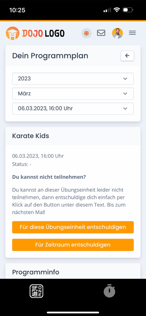 Mobile app screen showing a martial arts class schedule for Karate Kids with attendance management options