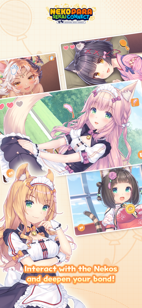 Nekopara Sekai Connect - A collection of anime cat girls from Nekopara Sekai Connect with text encouraging players to interact and deepen their bonds.