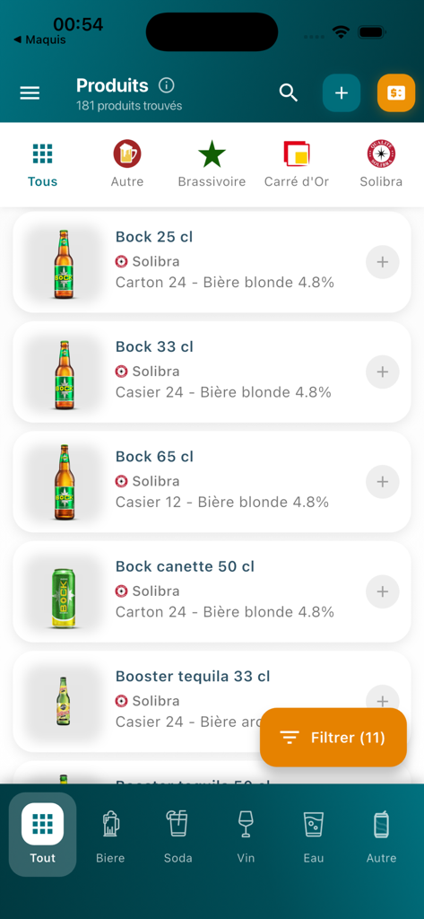 Maquis - Interface of the Maquis app displaying a list of beverage products including beer and soda for small business inventory management